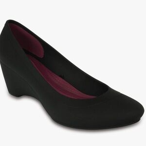 CROCS Black Wedge Mules with Purple Interior